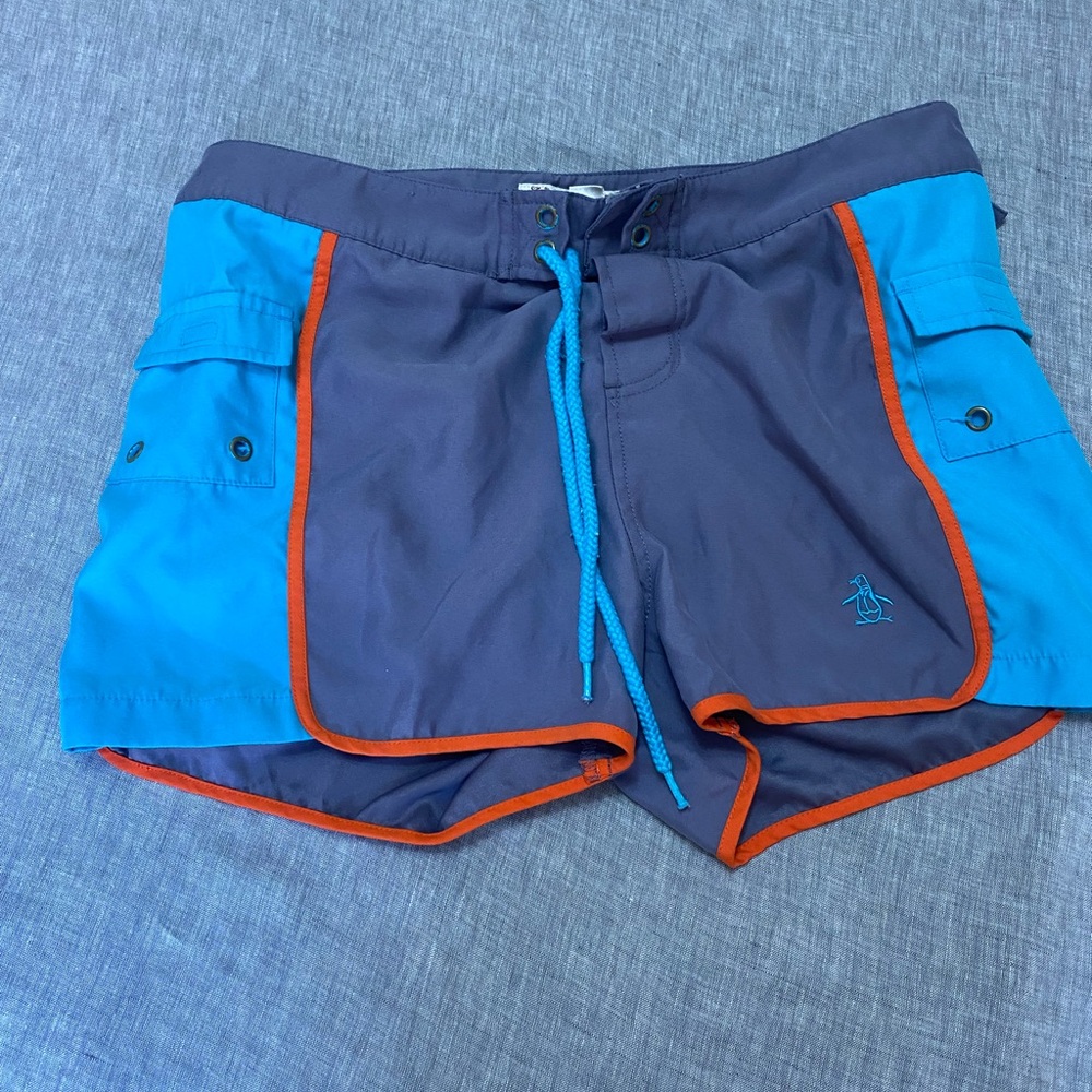 Original Penguin Blue and Gray Swim Shorts with Orange Accents